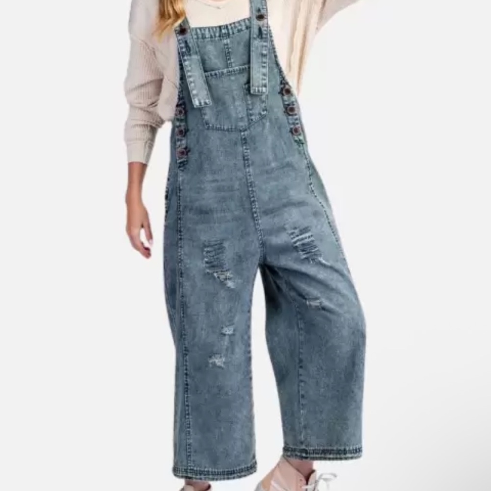 Women’s Easel Denim Overalls with Distressed Wash